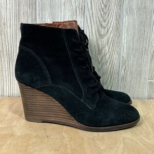 Lucky Brand Black Suede Lace Up Side Sip Wedge Bootie Size 9.5